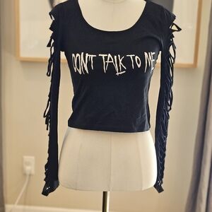 Widow "Don't Talk to Me" Black Open Ripped Sleeve Crop Top S